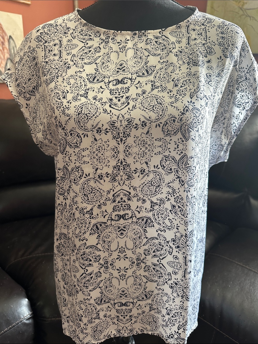 Chaus White Short-Sleeve Tee with Navy Paisley Print